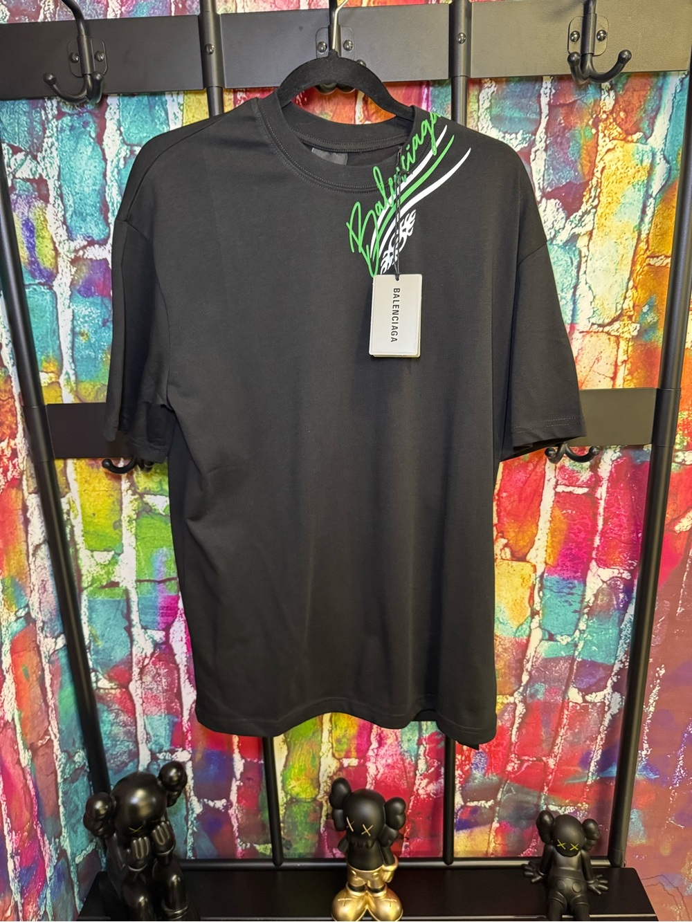 Balenciaga Black Shirt-Sleeve Crewneck Tee with Neon Green Script